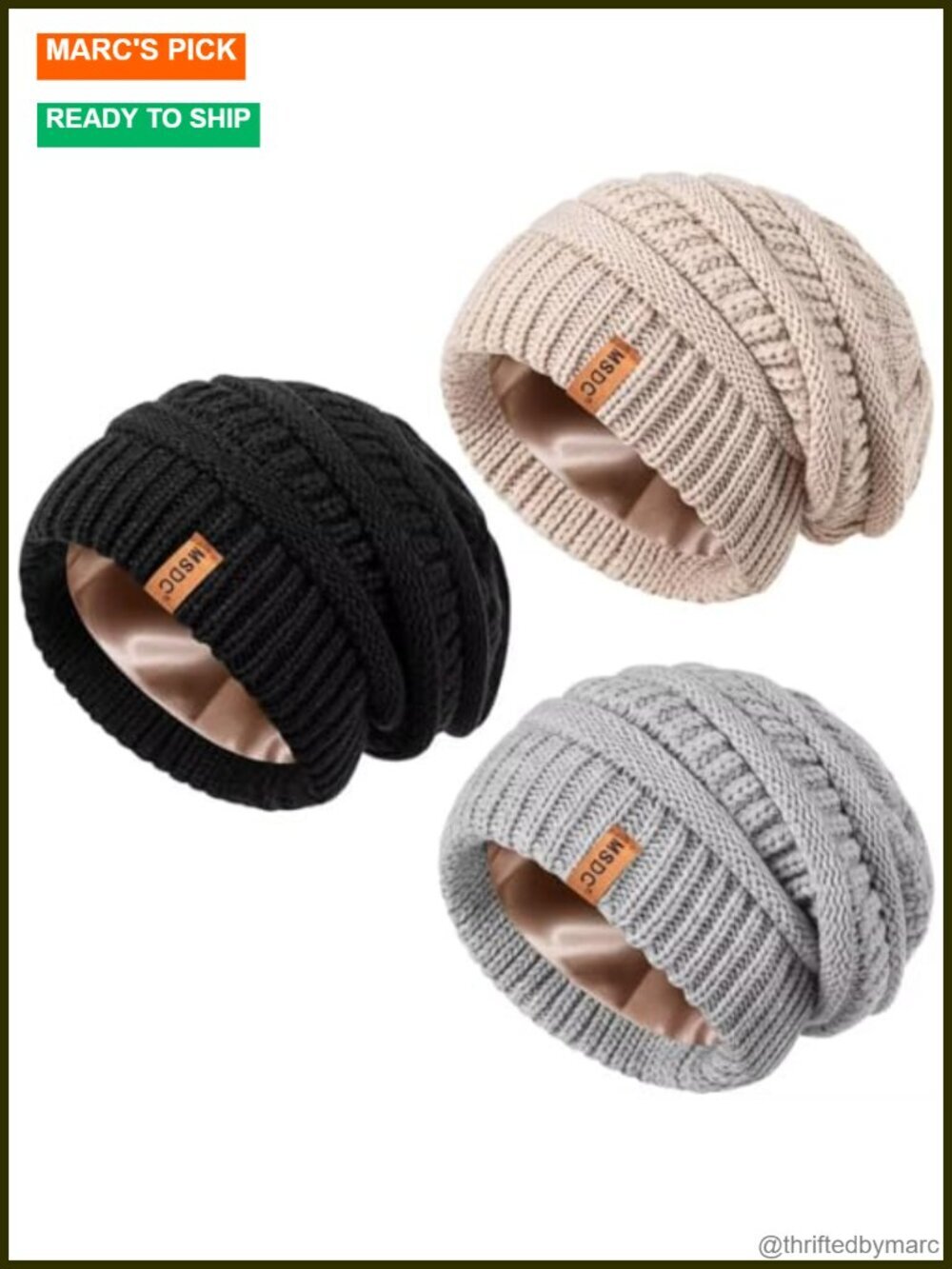 3 Pack Satin Lined Slouchy Winter Beanie Hats for Women Warm Cable Knit Skull